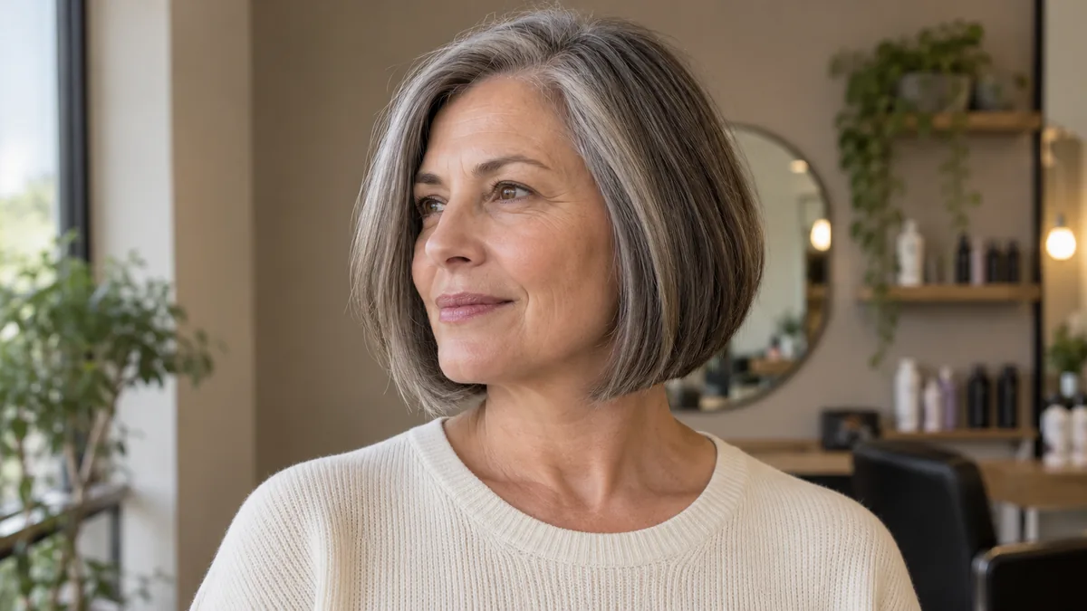 A woman in her late 50s with salt-and-pepper chin-length bob turned three-quarter to camera left in a warmly lit salon, weight line at the jawline