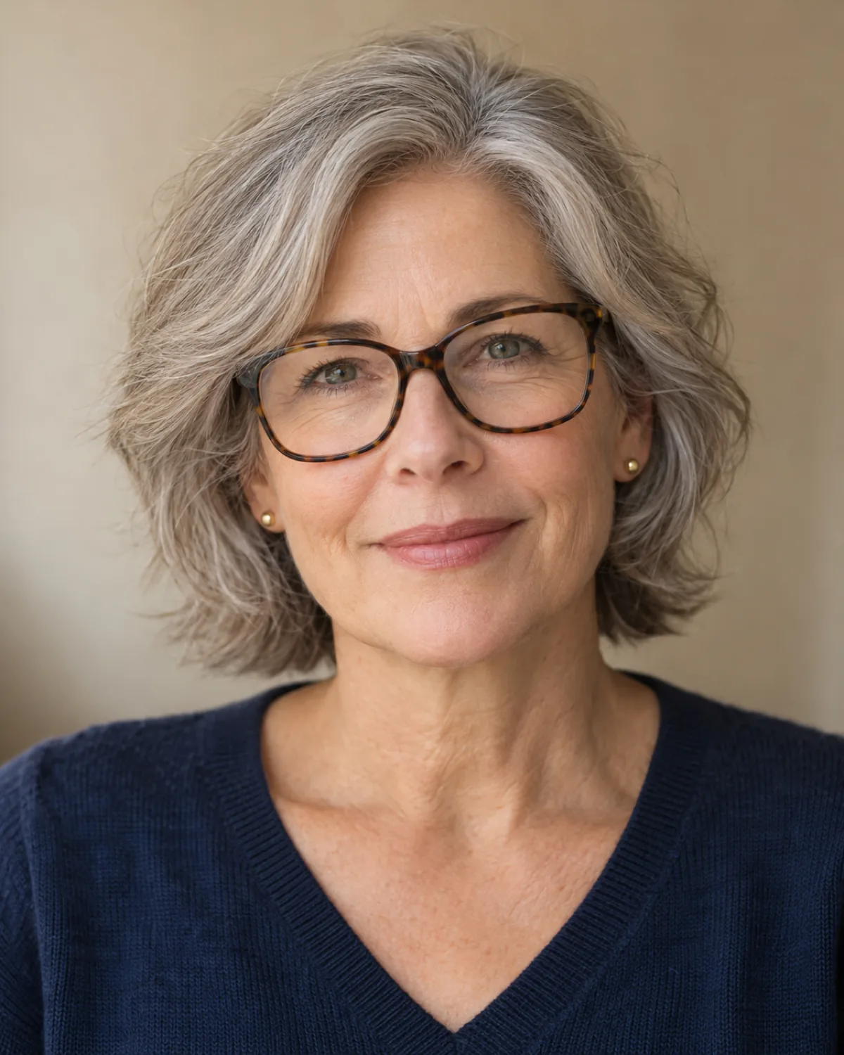 A woman with warm silver layered hair wearing tortoiseshell glasses and small gold stud earrings, front-facing with soft focus on features and hair in sharp focus