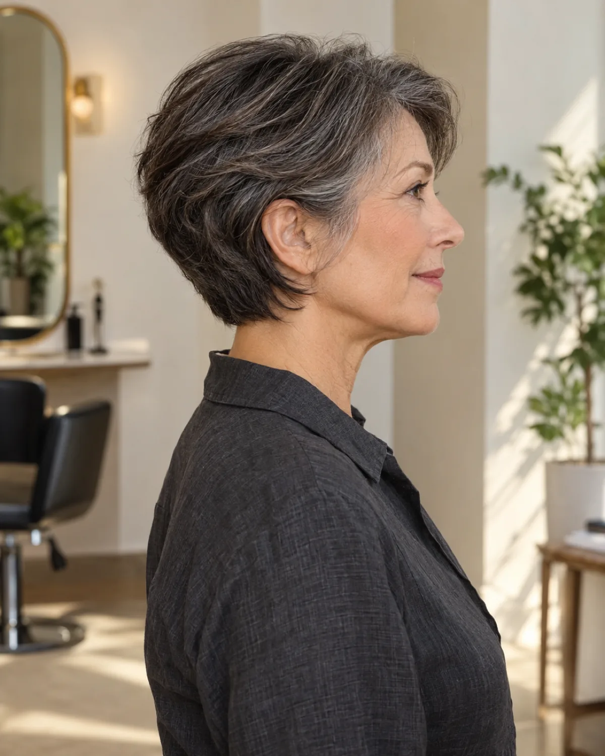A woman in her mid-50s with silver-streaked dark hair in a structured short layered cut shown in full side profile, layers starting below the crown