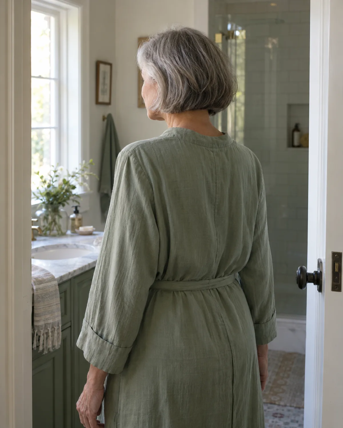 A woman with natural grey chin-length bob seen from the back three-quarter angle in a home bathroom doorway, nape line and air-dried texture visible