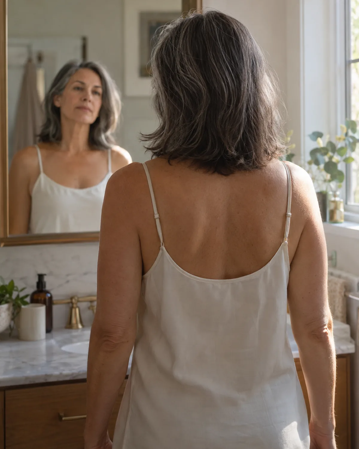 A woman with grey-streaked dark shoulder-length hair seen from directly behind, standing at a home bathroom mirror examining her length line