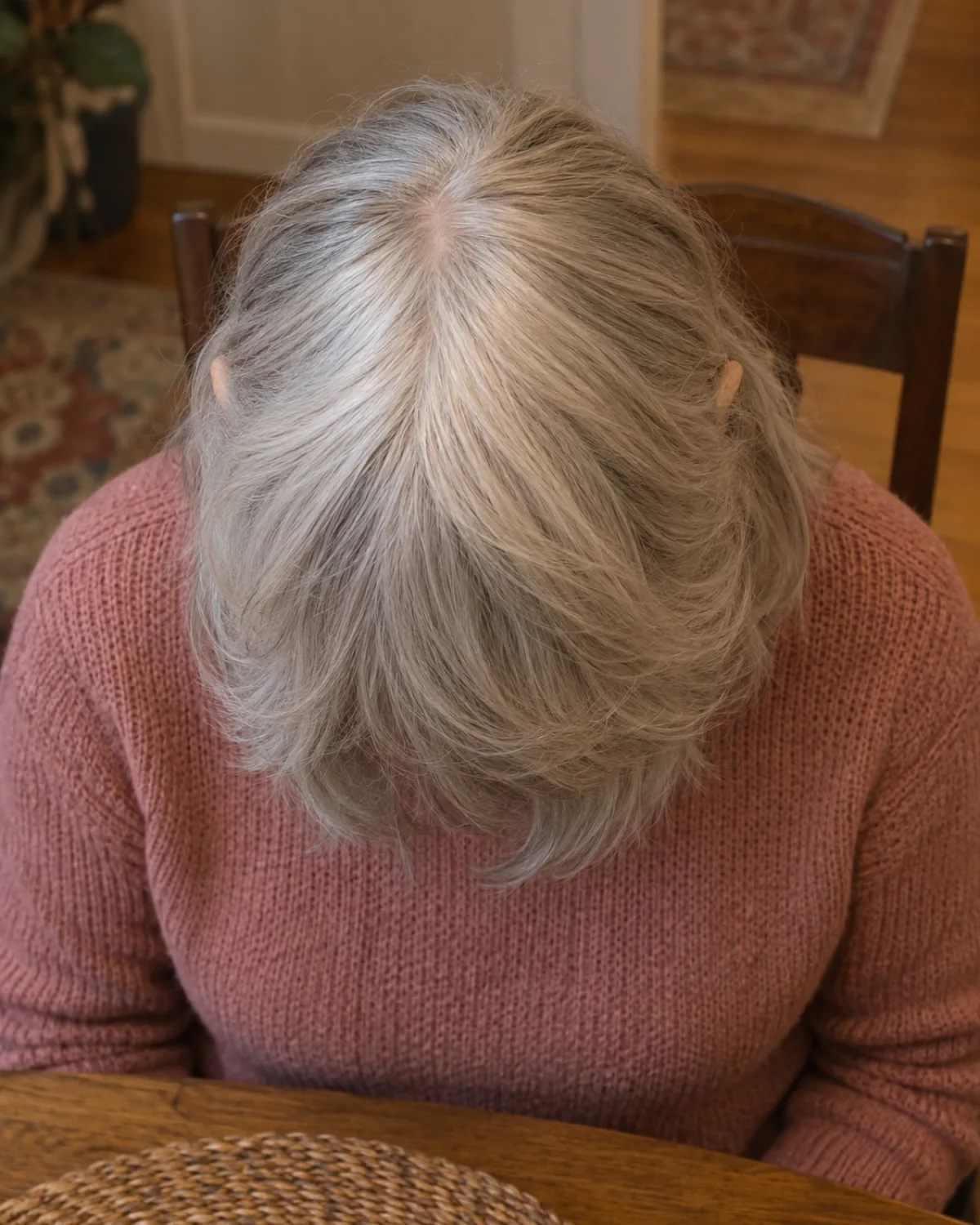 Top-down view of a woman with fully silver hair in a grown-out layered cut, head tilted forward with crown toward camera, uneven weight line visible