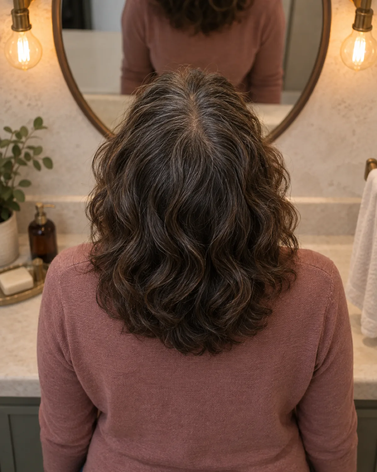Woman in her late 50s with shoulder-length wavy dark brown hair with silver streaks viewed from behind with head tilted forward in front of a bathroom mirror, examining her current hair