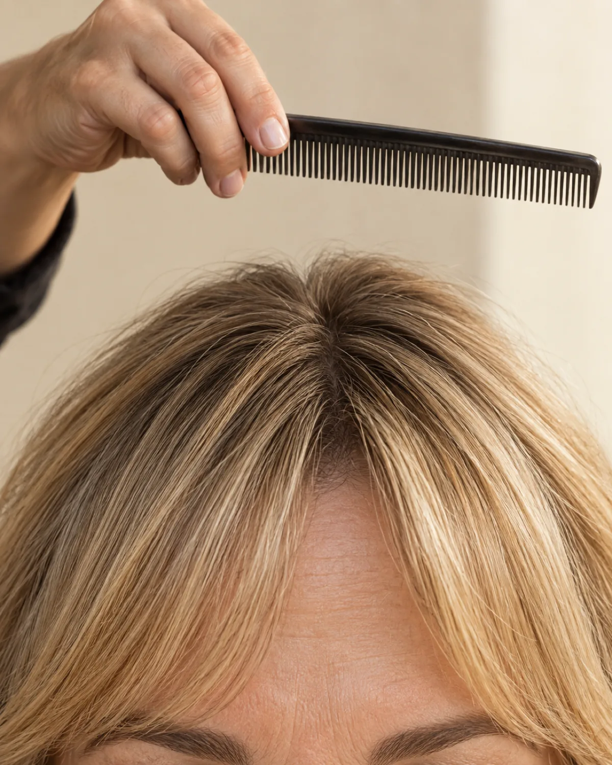 Close crop on the fringe and brow line of a woman in her late 50s with a soft curtain fringe in warm caramel blonde, a stylist's hand holding a comb hovers above the hair without touching it