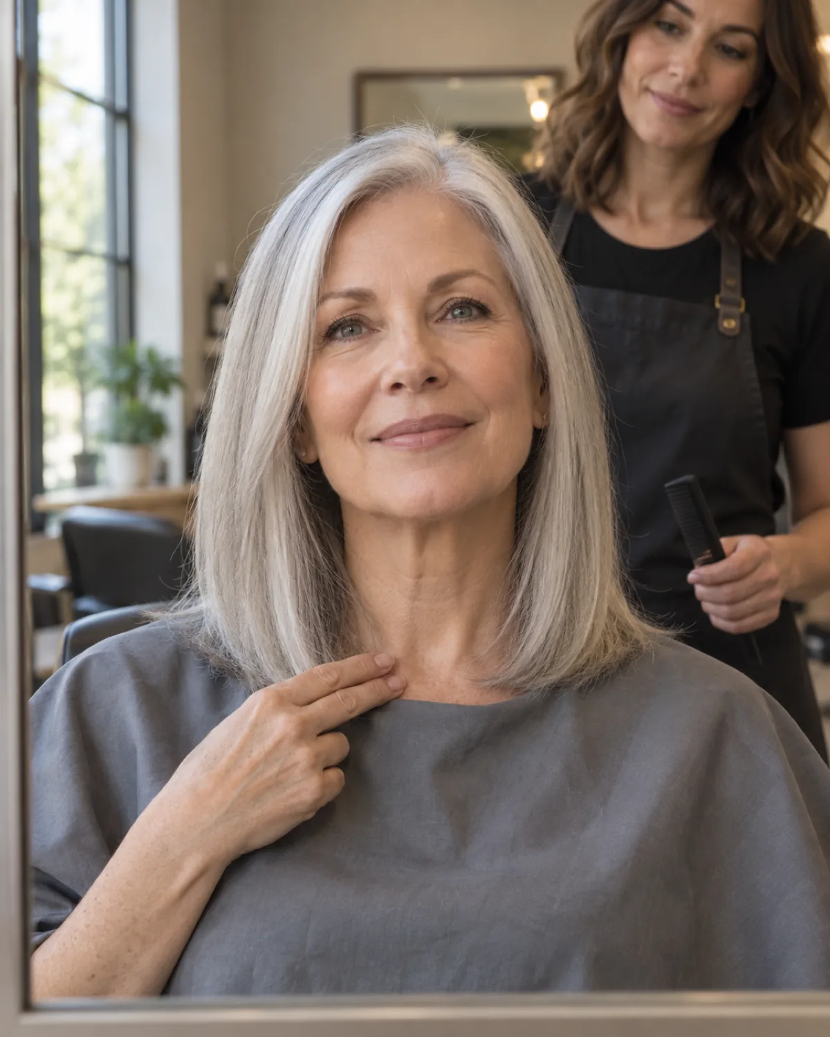 Woman in her early 60s with straight silver hair sitting in a salon chair touching her collarbone to indicate where she wants the length to end, stylist standing behind her