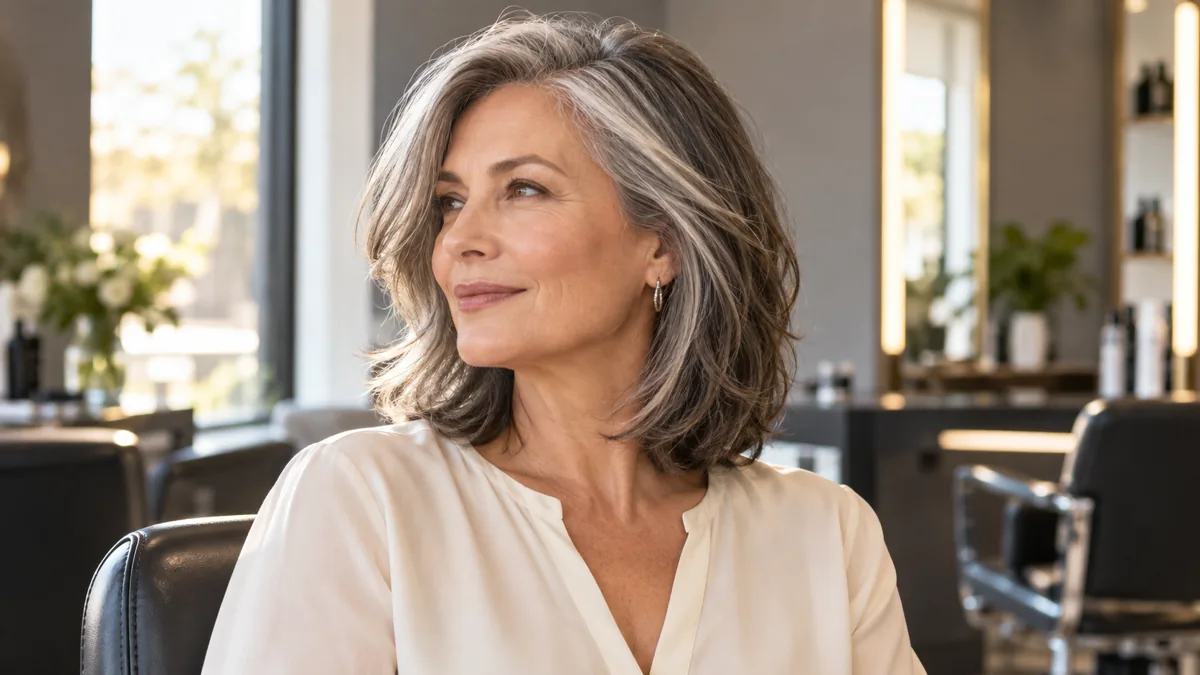 Mature woman with silver-streaked shoulder-length hair sitting in a salon chair in three-quarter profile, warm afternoon light