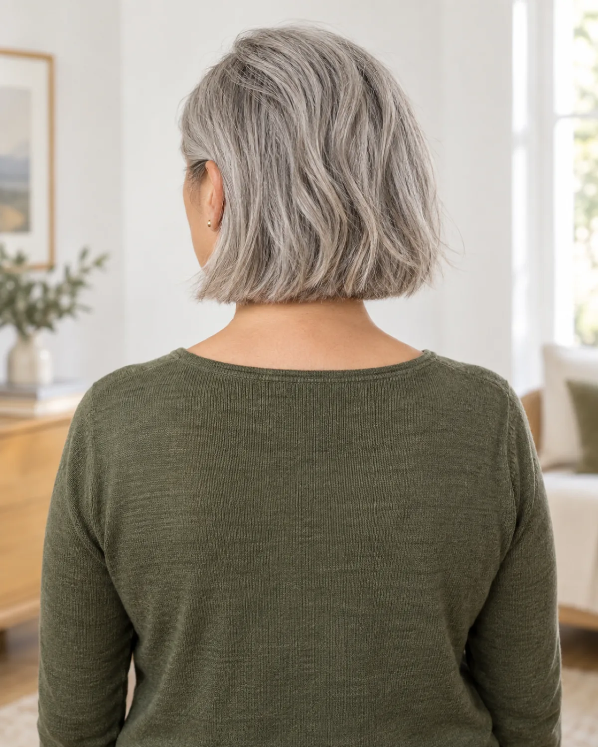 Back view of a woman with a textured silver bob just above the shoulders wearing an olive green knit top, nape line and weight line clearly visible