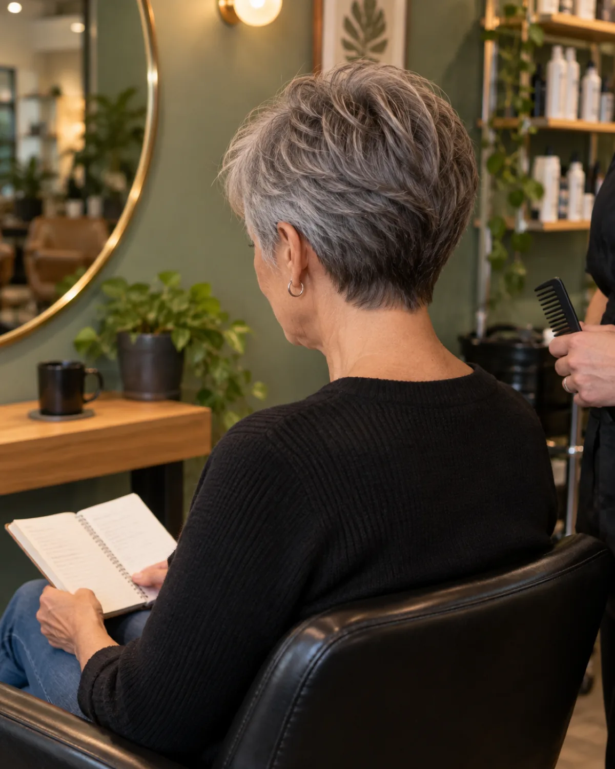 Back-three-quarter view of a woman in her early 60s with a short layered pixie cut in salt-and-pepper grey sitting in a salon chair holding an open notebook in her lap