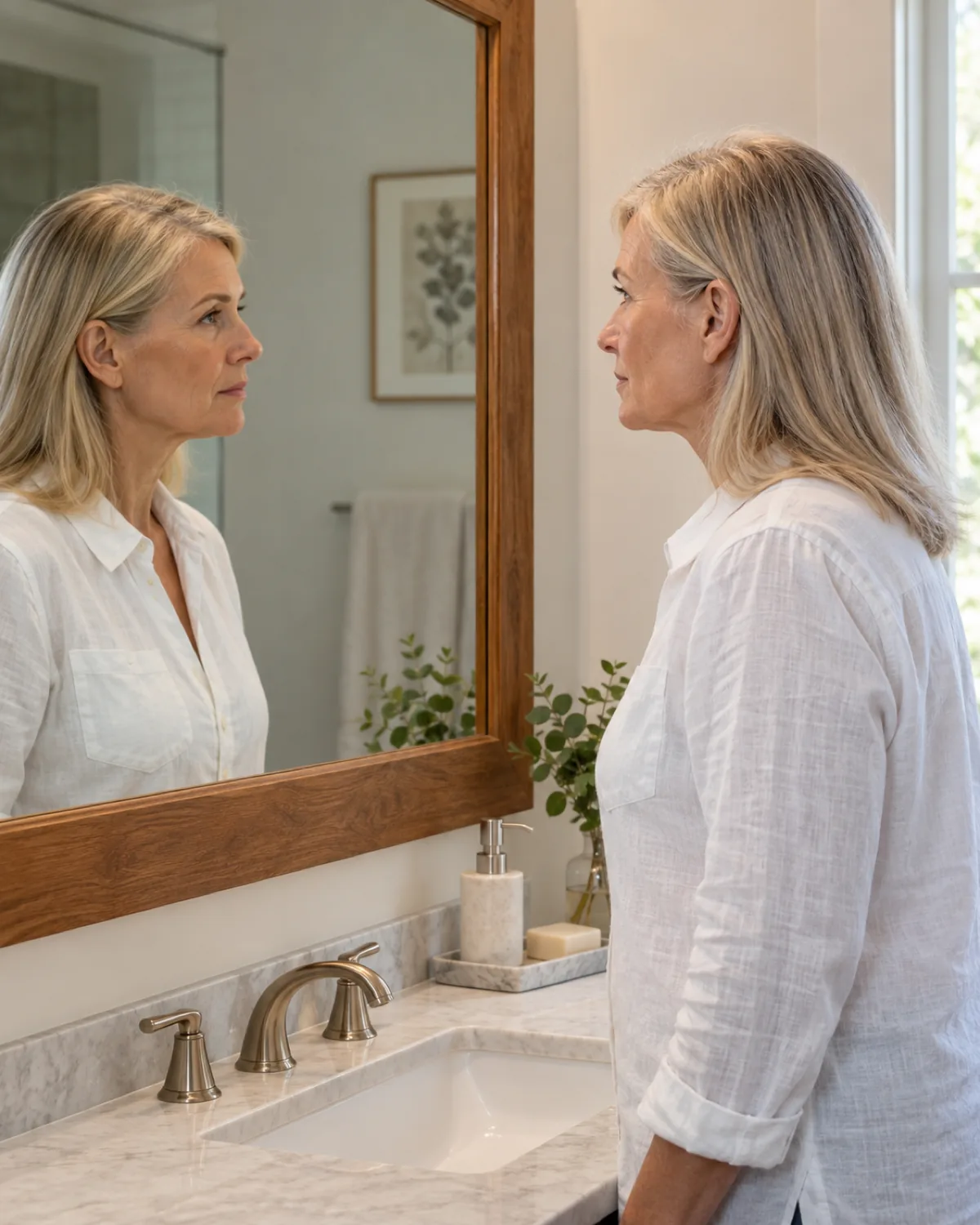 Woman in her late 50s with fine straight ash-blonde hair standing in full profile before a bathroom mirror, examining the crown area of her hair