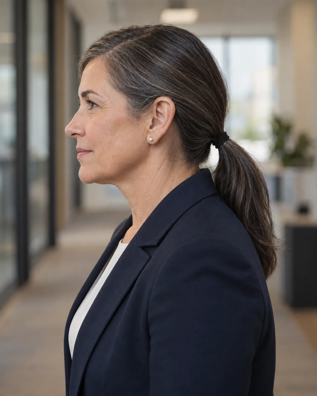 Woman over 50 in full profile with dark brown hair brushed smoothly into a low ponytail at the nape, navy blazer over white shell top, corridor behind