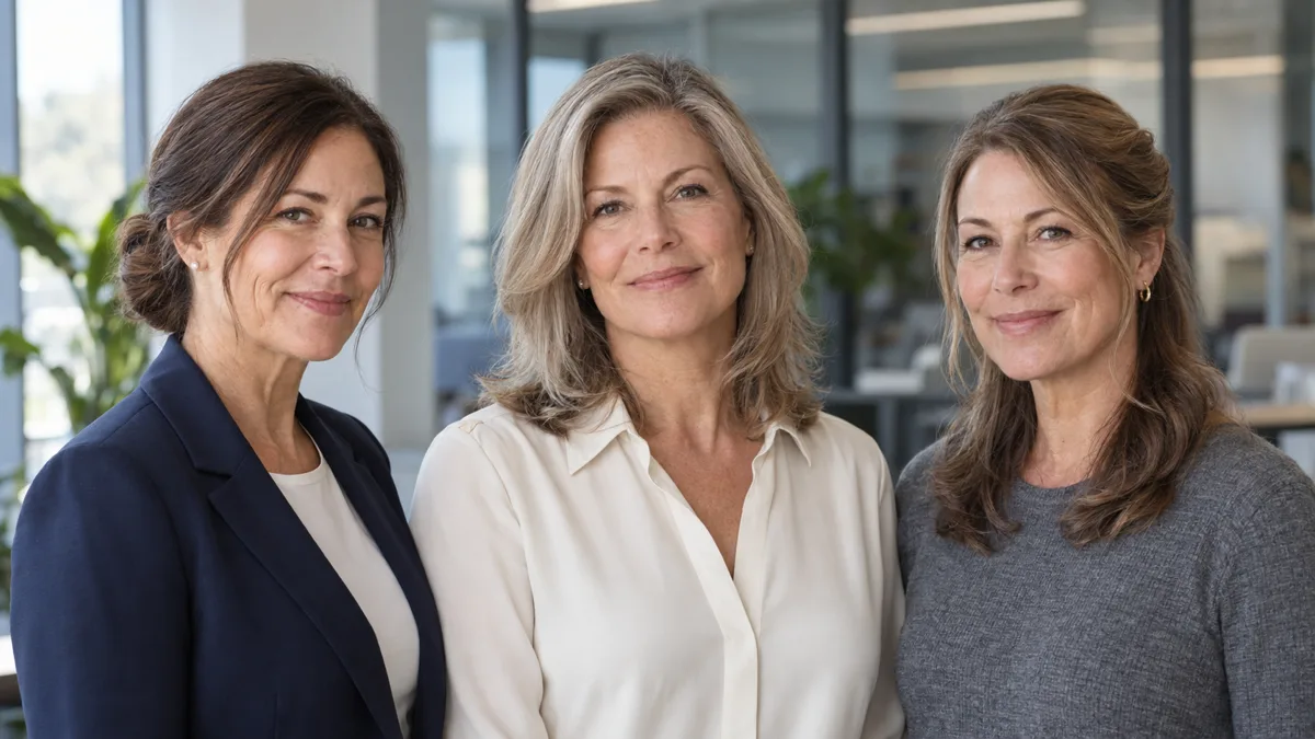 Three women over 50 with different medium-length professional hairstyles standing together in a modern office lobby